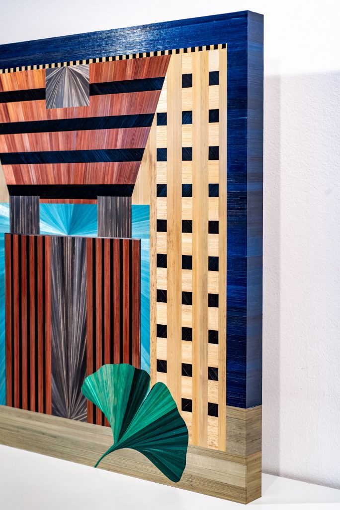 Décor mural Portland, décor mural en marqueterie de paille série architecture et nature. Artisanat français par Sandrine Reverseau Meubles Les Pieds Sur La Table