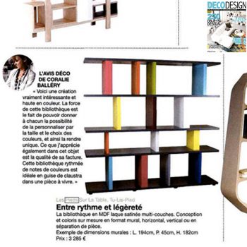 Etagère graphique Tu-Lis-Pied dans le magazine Deco Design set-octobre 2012, mobilier design modulable sur mesure et coloré Les Pieds Sur La Table, article presse