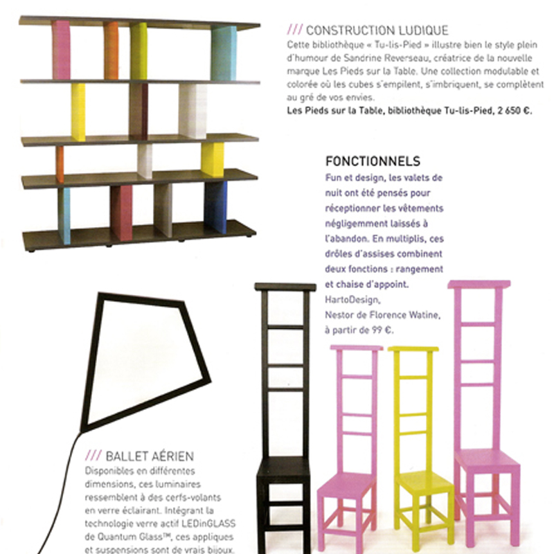 Bibliothèque modulable dans HOME-octobre 2012, Modèle étagère Tu-Lis-Pied design modulable sur mesure et coloré par mobilier Les Pieds Sur La Table, article presse