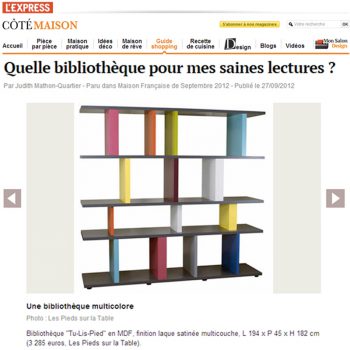 Etagère modulable Tu-Lis-Pied dans l'Express-octobre 2012, mobilier design modulable sur mesure et coloré Les Pieds Sur La Table, article presse