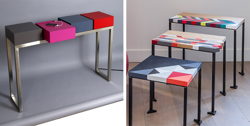 Console design acier inox et bois laqué couleurs. Tables basses origami Les Pieds Sur La Table