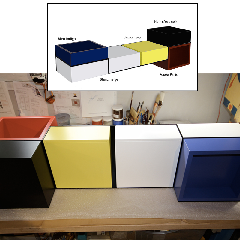 Console murale style Mondrian, console design Pas-Pied sur-mesure laquee couleurs dans l'atelier. Mobilier Les Pieds Sur La Table créateur et fabricant de meubles contemporains design sur mesure