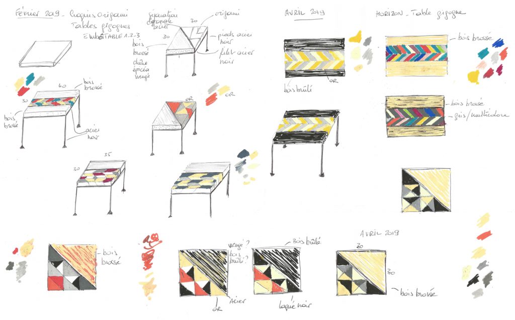 Croquis originaux des motifs origami créés par Sandrine Reverseau pour sa collection de meubles Origamis. Des motifs à la façon de marqueteries contemporaines