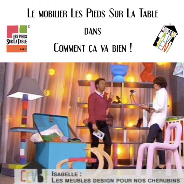 étagère en couleurs modulable Tu-Lis-Pied dans l'émission télévision Comment ça va bien! de Stéphane Bern, meuble modulables sur mesure et colorés Les Pieds Sur La Table