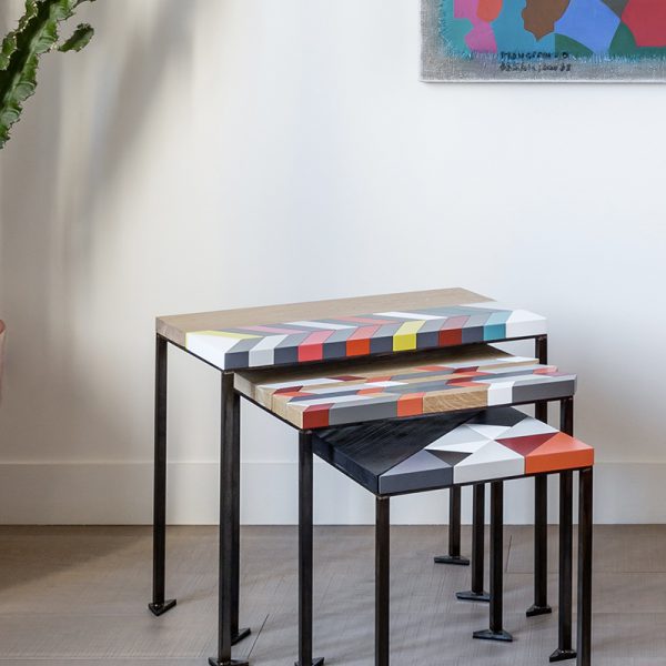 Trois tables origami gigognes Panorama S-M-L-modernes-laque-bois-massif-acier Design-Sandrine-Reverseau.