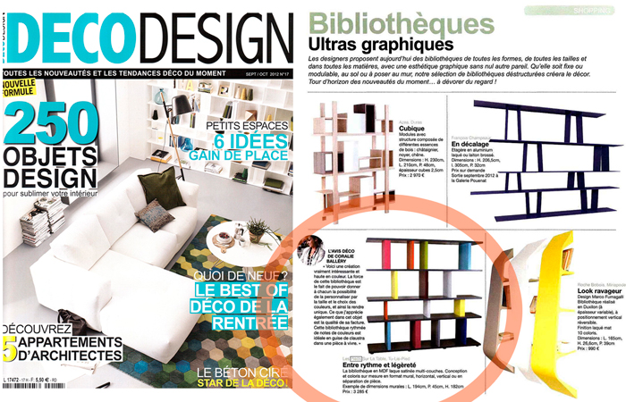 Bibliothèque Etagère graphique Tu-Lis-Pied dans le magazine Deco Design set-octobre 2012, mobilier design modulable sur mesure et coloré Les Pieds Sur La Table, article presse