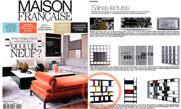 Bibliothèque graphique dans Maison Française septembre 2012. Tu-Lis-Pied modulable, multicolore sur mesure, mobilier design modulable sur mesure et coloré Les Pieds Sur La Table, article presse