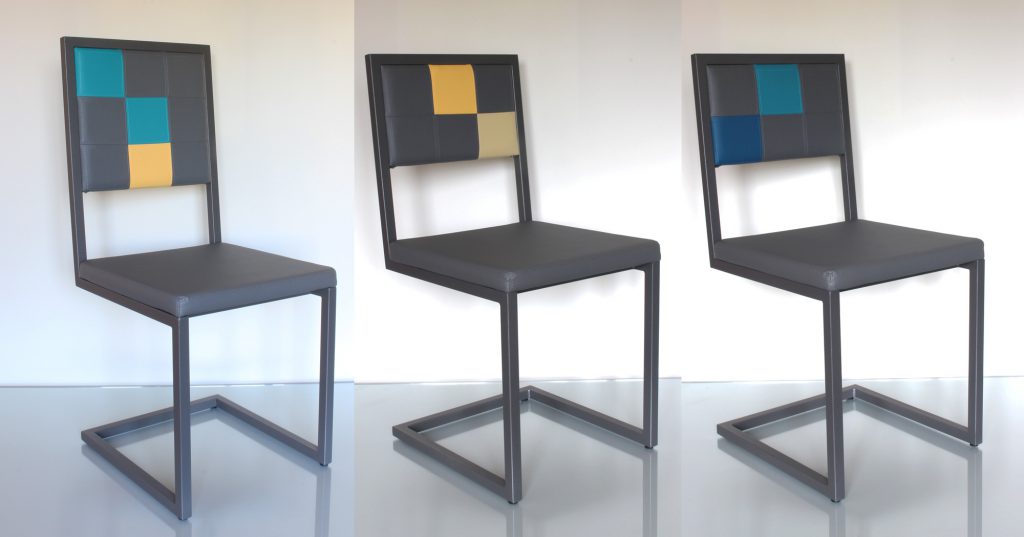 chaise de repas design sur mesure acier gris et dossier en damier par Les Pieds Sur la Table Créateur fabricant de Mobilier contemporain