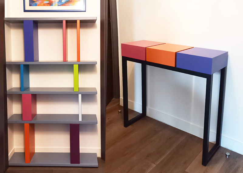 étagère design et console d'entrée, 2 meubles réalisés sur mesure par Les Pieds Sur La Table créateur de meubles français