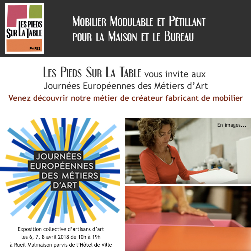 Métier d'art meuble contemporain. Exposition mobilier design Les Pieds Sur La Table aux Journées européennes des Métiers d'Art 2018 Rueil-Malmaison