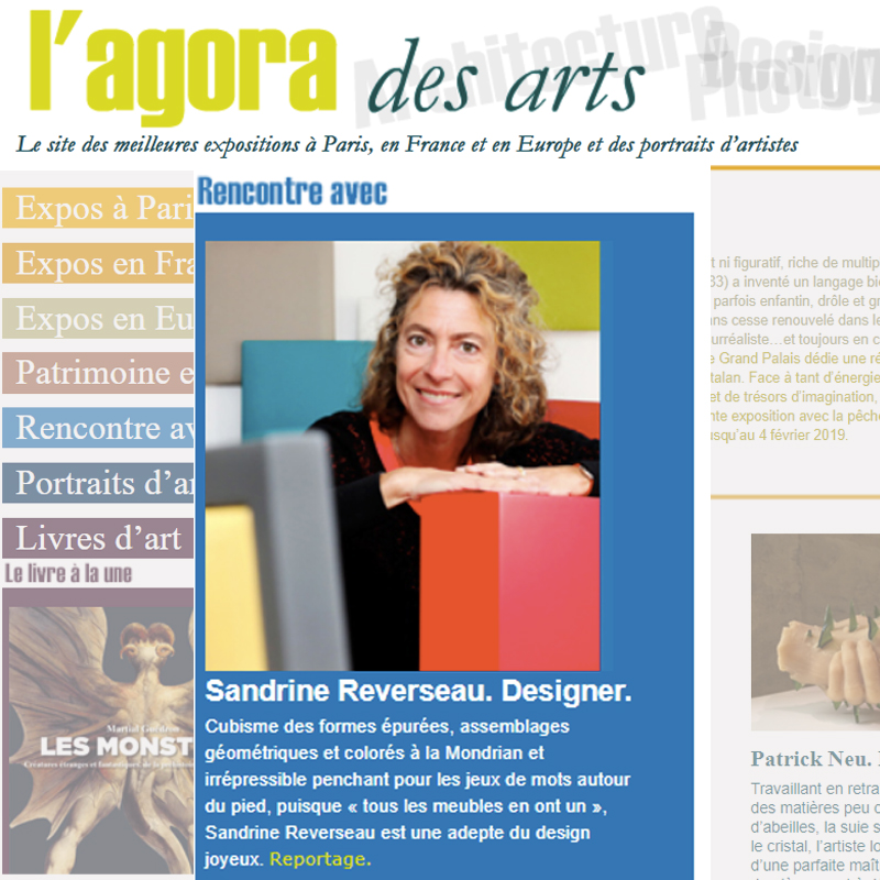 Reportage sur Sandrine Reverseau designer du mobilier design contemporain Les Pieds Sur La Table dans L'agora des arts web magazine, accueil