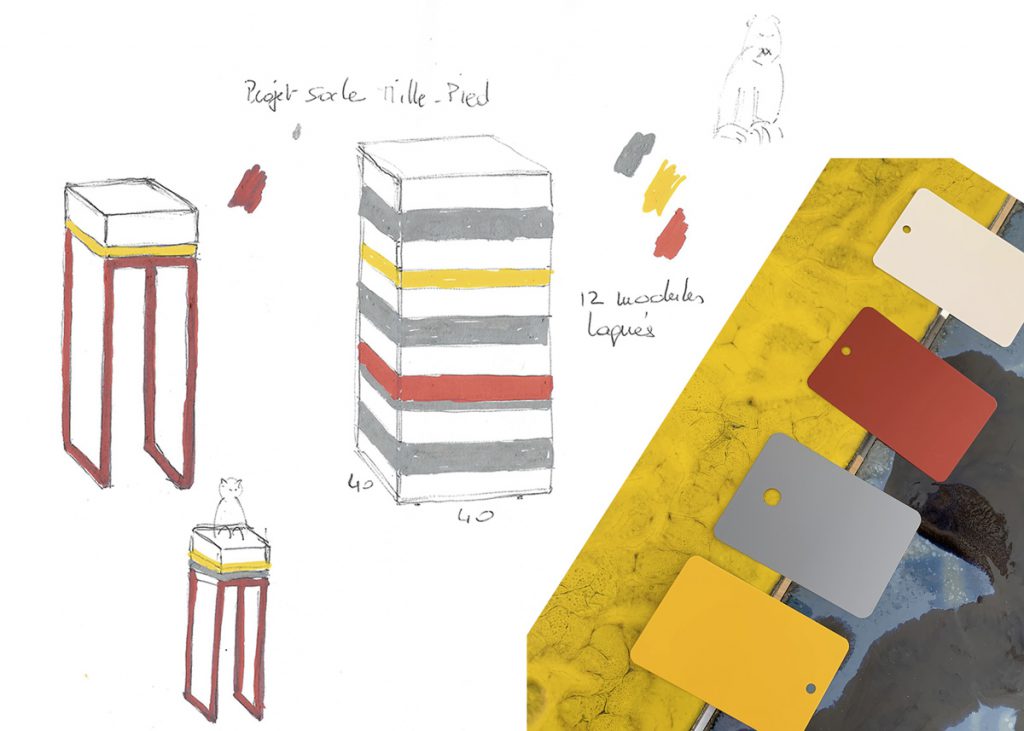 croquis socle pour sculpture sur mesure Mille-Pied laqué. Création et fabrication sur mesure par Les Pieds Sur La Table mobilier contemporain