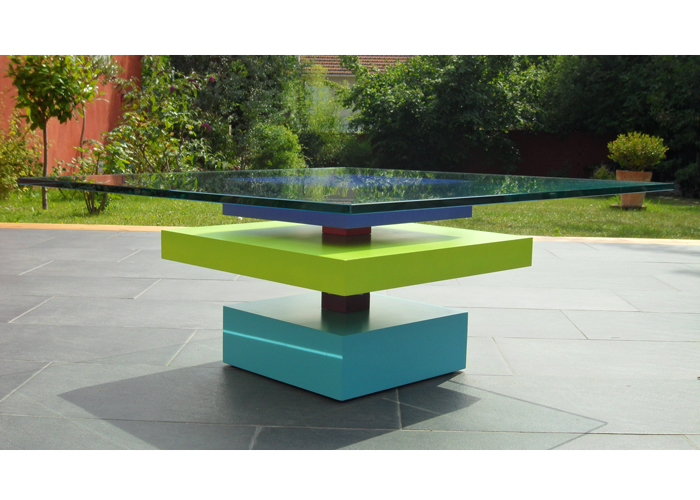 table basse laquee sur mesure en couleurs bleu vert et verre carré Pied G Uno mobilier modulable Les Pieds Sur La Table