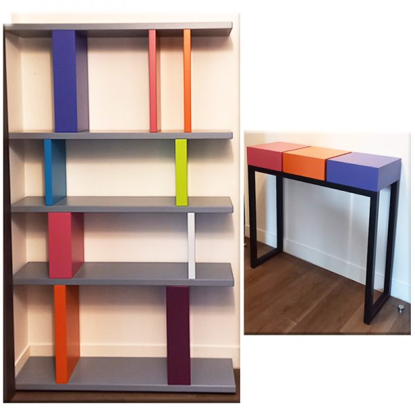 Etagère design sur mesure et console d'entrée en couleurs. Création meubles contemporains Les Pieds Sur La Table